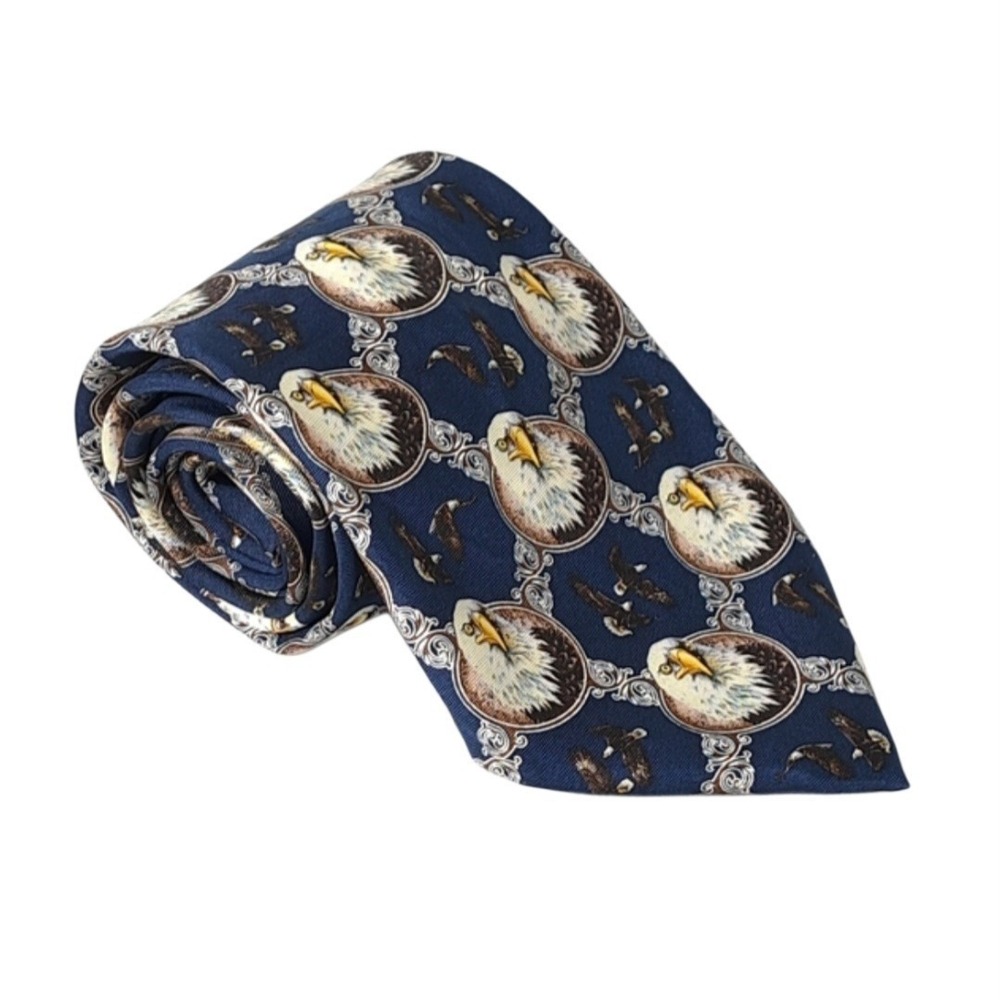 Vintage Men's 100% Silk Tie Eagle Neckwear Blue, Brown, White With Eagle Designs